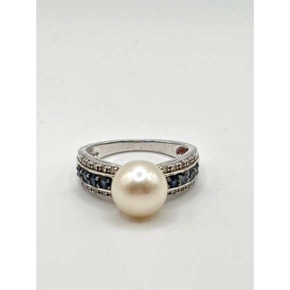 White Cultured Japanese Akoya Pearl & Blue Diamond Sterling Silver Ring - Picture 6 of 14